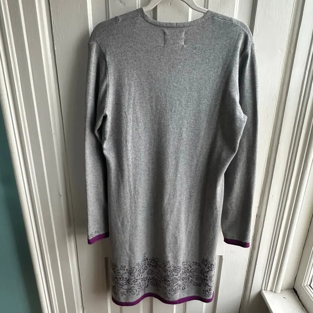 Title Nine Gray Knit Tunic Dress Purple Trim Floral Hem Medium